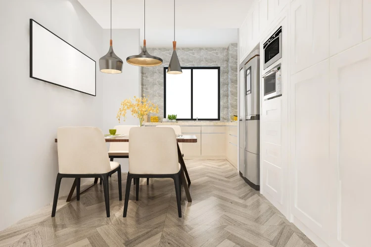 Modern kitchen with white cabinets and dining table